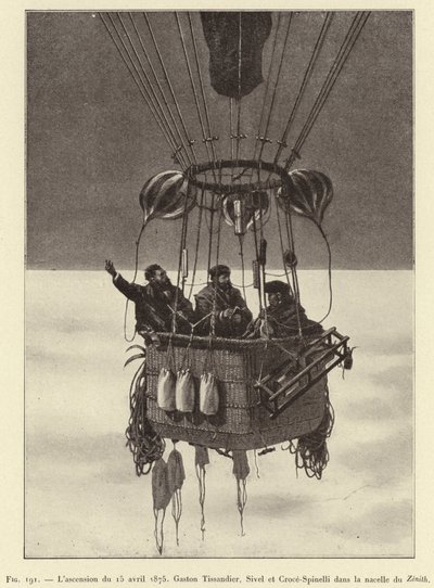 Výstup 15. dubna 1875, Gaston Tissandier, Sivel a Croce-Spinelli v koši Zenith (rytina) od French School