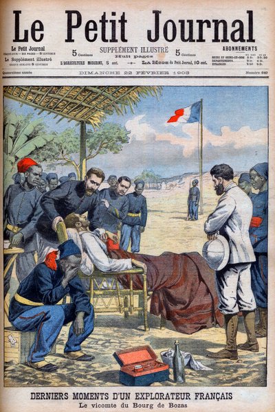 Poslední okamžiky francouzského cestovatele vikomta Pierra Marie Roberta Du Bourg de Bozas (1871-1903) v Bourg de Boza v tropické Africe „Le Petit Journal“ 22. února od French School