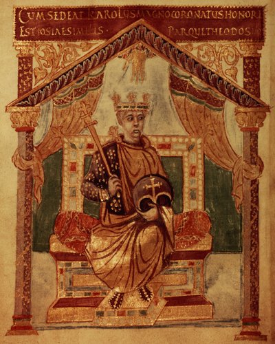 Lat 1152 f.3v Karel Veliký (Carolus Magnus, Karel Veliký) (747-814) král Franků a křesťanský císař Západu, ze žaltáře Karla Smělého od French School
