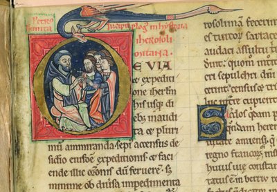 Lat 5128 f.1 Petr Poustevník rozdává kříže, z "Historie Jeruzaléma..." od mnicha Roberta (pergamen) od French School
