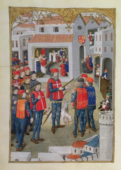 Lat 6067 fol.33v Rytíři svatého Jana Jeruzalémského připravují se na obranu Rhodosu, z Historie obléhání Rhodu, Guillaume Caoursin, 1483 od French School