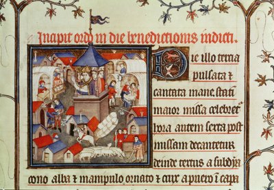Lat 962 f.264 Miniatura biskupa žehnajícího výročnímu jarmarku nebo trhu konanému po dva týdny v červnu na pláních St. Denis, z pontifikálu, 1301-1400 od French School