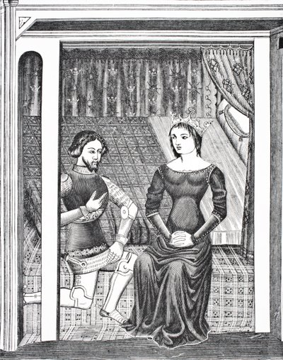 Launcelot a Guinevere, podle miniatury z rukopisu ze 14. století, z Science and Literature in The Middle Ages od Paula Lacroix pub. Londýn 1878 od French School