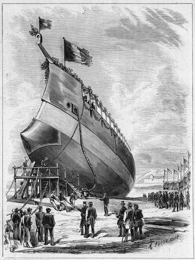 Spuštění obrněné lodi „“La Galissonniere“, 7. května 1872 v přístavu Brest, Finistere (29). Rytina v „“ Le Monde Illustré““ č. 789 z 25. května 1872. od French School