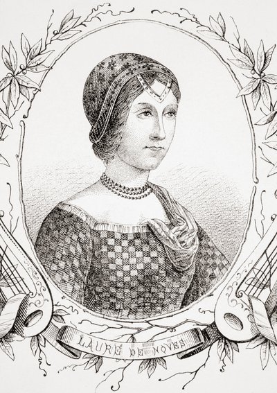 Laura de Noves, ze Starověké a moderní univerzální historie, vydané ve Štrasburku kolem roku 1860 (rytina) od French School