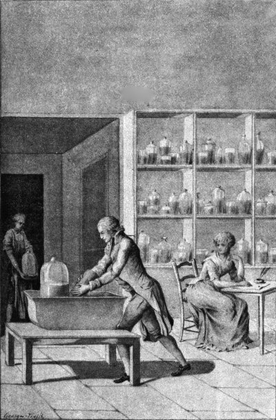 Lavoisier ve své laboratoři v Arsenalu, předvádějící experiment s dýcháním, 18. století od French School