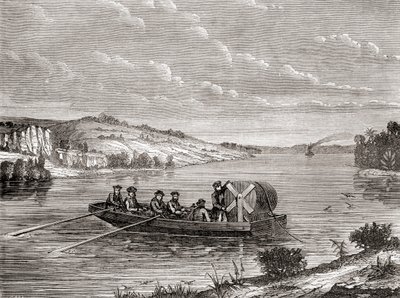Položení telegrafního kabelu pod americkou řekou kolem roku 1860, z Les Merveilles de la Science, vydáno kolem roku 1870 (rytina) od French School