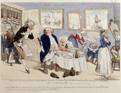 Le Gourmand, karikatura Ludvíka XVI. (1754-93) a francouzské královské rodiny v okamžiku jejich zatčení ve Varennes dne 21. června 1791 od French School