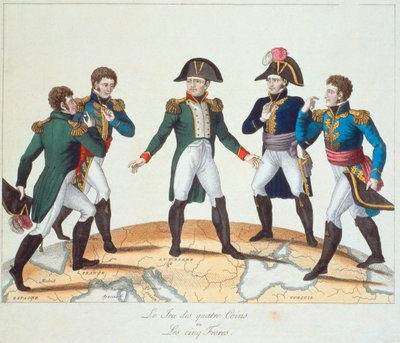 Le Jeu des Quatre Coins nebo Les Cinq Freres, karikatura Bonapartist zobrazující Napoleona a jeho bratry, 1808 od French School