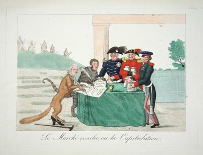 Le Marche uzavřena neboli kapitulace, hospoda. 1814 (ručně kolorovaná rytina) od French School