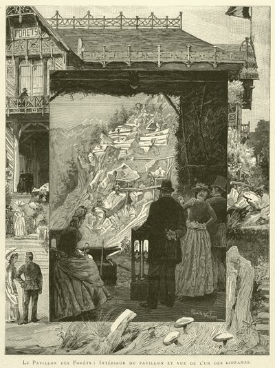Le Pavillon des Forets, interiér pavilonu a pohled na jedno z dioramat (rytina) od French School