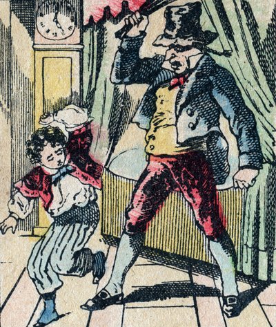 Legendární postava Le Pere Fouettard z folklóru, trestající nemoudré děti svým bičem a zavírání neposlušných dětí, obraz Epinal od French School