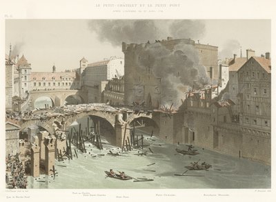 Petit-Chatelet a Petit-Pont, po požáru 27. dubna 1718 od French School