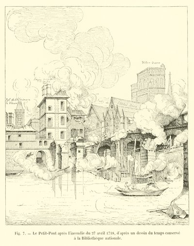 Petit-Pont po požáru 27. dubna 1718 z dobové kresby uchovávané v Národní knihovně od French School