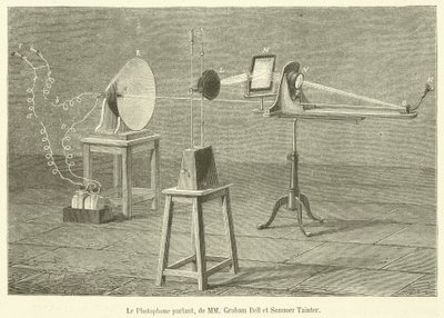 The Talking Photophone, pánové Graham Bell a Summer Tainter (rytina) od French School