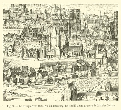 Chrám kolem roku 1620, pohled z faubourgu, faksimile rytiny od Mathieu Meriana od French School