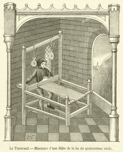 Tkadlec, miniatura z Bible z konce čtrnáctého století (rytina) od French School