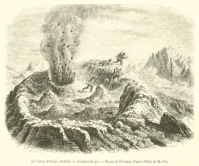 Sopka Antujo, Chile, erupce plynu (rytina) od French School