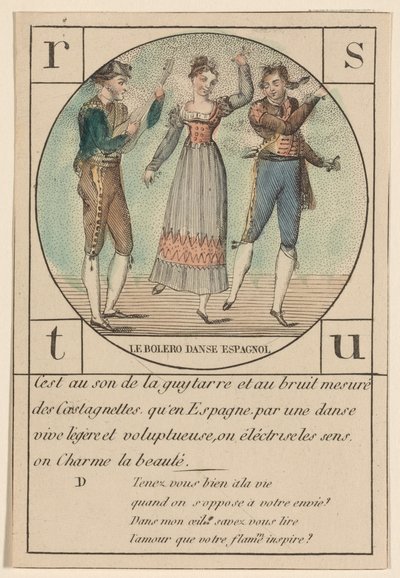 "Bolero, španělský tanec," ze série karet s abecedou, kolem 1810-19 od French School