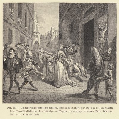 Odchod italských herců, po uzavření, na příkaz krále, z divadla Comedie-Italienne, 4. května 1697 (rytina) od French School
