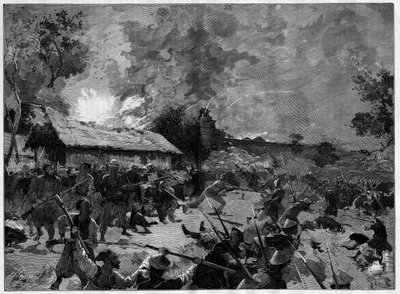 Přepadení (guet apens) v Hue, 4.-5. července 1885: útok tonkinské armády (Viet-Nam) proti francouzským jednotkám generála de Courcy. Rytina v ""The Illustrious World"" od French School