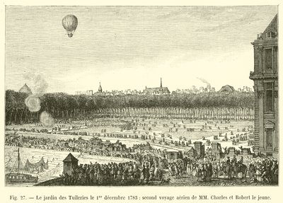 Tuileries Garden 1. prosince 1783, druhá letecká cesta MM Charlese a Roberta mladšího od French School