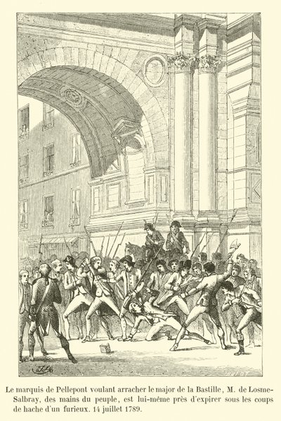 Markýz de Pellepont, který chce vyrvat majora Bastily, M de Losme-Salbraye, z rukou lidu, se sám chystá vydechnout pod údery sekery zuřivého muže, 14. července 1789 od French School