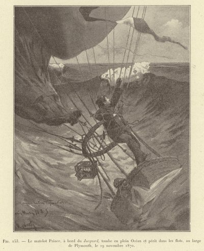 Námořník Prince na palubě Jacquardu spadne uprostřed oceánu a zahyne ve vlnách u Plymouthu, 29. listopadu 1870 (rytina) od French School