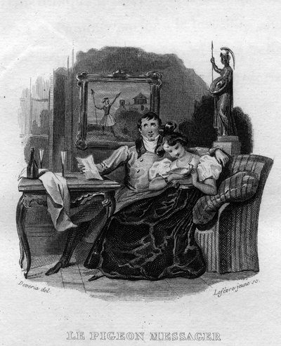 Poslíčkový holub Chanson de Beranger v „“Oeuvres Completes““ (1834) od Pierra Jeana de Berangera (1780-1857), francouzského básníka a skladatele. od French School
