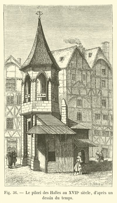Pranýř v Les Halles v 17. století, z dobové kresby od French School