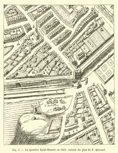 Čtvrť Saint-Honore v roce 1608, výňatek z plánu F Quesnela od French School