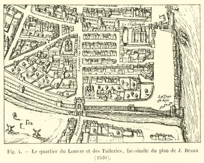 Čtvrť Louvre a Tuileries, faksimile plánu J Brauna, 1530 od French School