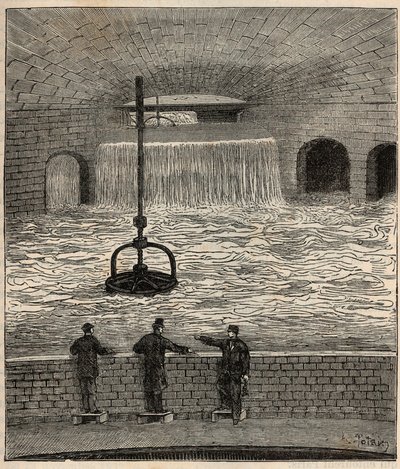 Le lake de Montsouris (reservoir de la Vanne), jedna z pěti hlavních vodních nádrží v Paříži - rytina v „“ Vědy přenesené na vrchol všech – fyzika a chemie““ od Alexise Clerca – konec 19. století – soukromá sbírka od French School