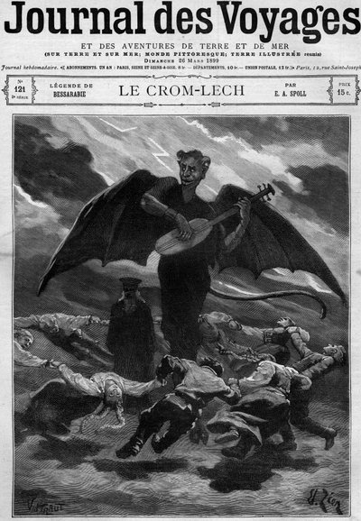 Legenda o Besarábii (východní Evropa): Crom Lech (Crom-Lech). Satan, hrající na balalajku, trénuje tanečníky do nekonečného kola. Rytina v “” Journal des Voyages”” z 26. března 1899. od French School