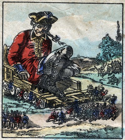 Lemuel Gulliver, vězeň je přepravován na vozíku taženém liliputány. Ilustrace pro „“ Gulliver