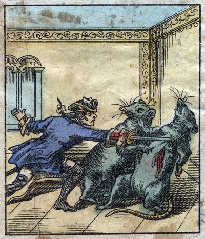 Lemuel Gulliver bojuje s krysami v zemi obrů Brobdingnag. Ilustrace pro „“ Gulliver