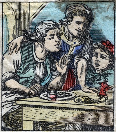 Lemuel Gulliver na stole rodiny Glumdalclitchů, v zemi obrů Brobdingnag. Ilustrace pro „“ Gulliver