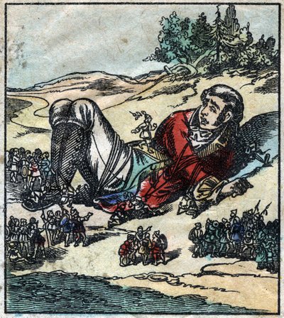 Lemuel Gulliver se po ztroskotání probudil a byl zajat liliputány. Ilustrace pro „“ Gulliver