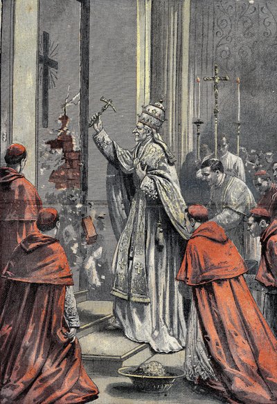 Leon XIII, ne Vincenzo Gioacchino Raffaele Luigi Pecci (1810-1903), 256. papež katolické církve, zbraň zlatého kladiva, otevírá 24. prosince 1899 dveře jubilea ve Svatém Petru (Sv. Petr) ve Vatikánu. Rytina v „“ Le Pelerin 31/12/1899. od French School
