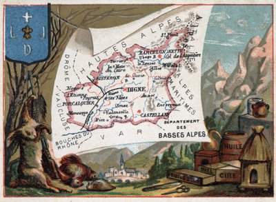 Les Basse Alpes (Basse-Alpes), dnešní departement Alpes-de-Haute-Provence (Alpes de Haute-Provence 04), Francie. Místní specialita: lov, vosk, med, sušené ovoce a olej. Seriál o francouzských departementech. Chromolitografie (Chromo) „“ zeměpisná poloha od French School