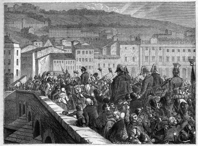 Sto dní: triumfální vjezd Napoleona do Lyonu 10. března 1815 – v „Dějinách impéria po historii konzulátu“ od Adolphe Thierse – 1879 – soukromá sbírka od French School