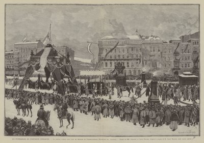 Pohřeb císaře Viléma, Korzár procházející pod triumfálním obloukem na Friedrichstrasse, Promenade des Tilleuls (rytina) od French School