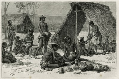 Les Indiens Galibis (neboli Kalinas) vyrábějící keramiku, rytina D. Maillarta, pro ilustraci průzkumné cesty ve vnitrozemí Guyany od Dr. Julese Crevauxe, doktora francouzského námořnictva, v letech 1876-1877, publikováno v tour du monde , pod vedením o od French School