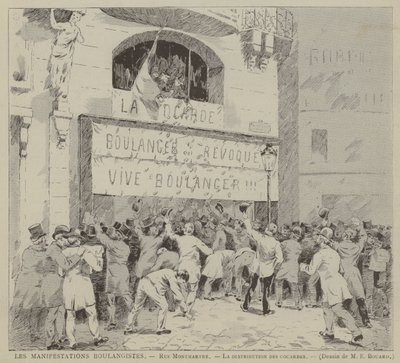 Les Manifestations Boulangistes, Rue Montmartre, La distribution des cocardes (rytina) od French School