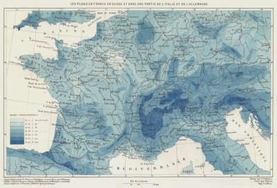 Déšť ve Francii, Švýcarsku a části Itálie a Německa (barevná litografie) od French School