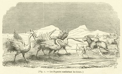 Pygmejové bojující s jeřáby (rytina) od French School