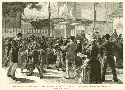 Okolí výstavy, Prodejci vstupenek u brány Tourville, Palais des Machines, Kresba M Guilliod (rytina) od French School