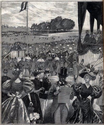 Les Courses de lyon (racetracks de Lyon) - po velké ceně - rytina v „Le Progres illustrious““ z roku 1895 od French School