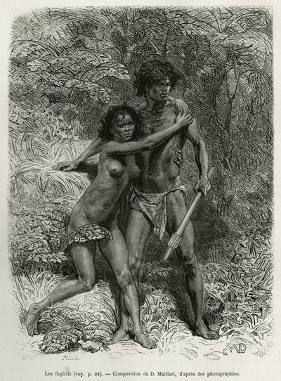 Les fugitives aborigenes, rytina podle kresby D. Maillarta k ilustraci příběhu Šest měsíců v Austrálii, Desire Charnay, misijní úkol ministerstva veřejného vzdělávání, v roce 1878, vydáno v Tour du monde, pod vedením řed. od French School