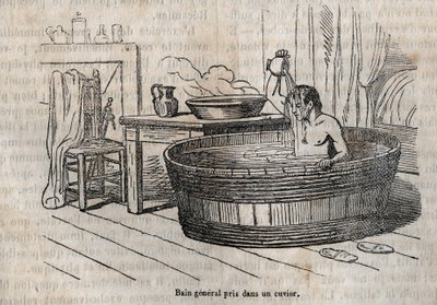 Gesta ke koupání - Hygiena v 19. století - koupel v misce - rytina v „La Sante Universelle - Guide Medical des Familles“ 1852 od French School